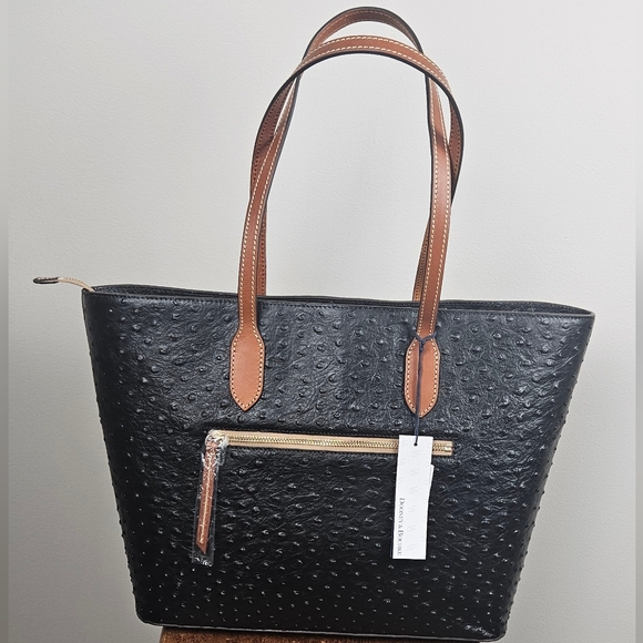 NWT Dooney & Bourke Large Ostrich Embossed Italian Leather Tote: Black & Tan